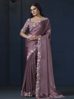 Dusty Pink Crepe Satin Silk Party Wear Saree